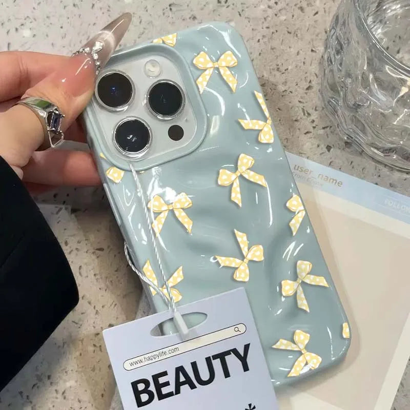 Sweet Yellow Bow Folds Texture Case For iPhone Case 16 15 14 13 12 11 Pro Max 16 Plus Shockproof Soft Phone Cover For iPhone11