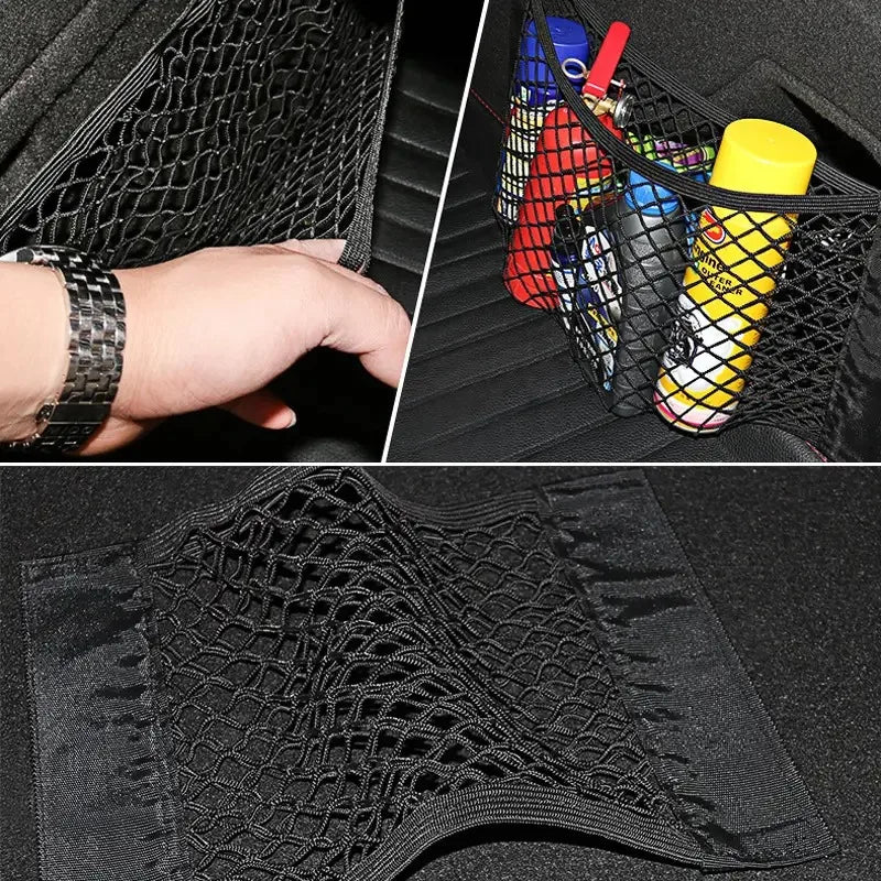 1pc Universal Car Storage Bag Double Mesh Trunk Storage Net Car Built-in Storage Bag with Car Fire Extinguisher Fixed Net