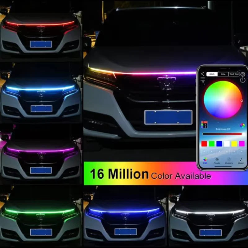 DRL Led Car Hood Light Strips Symphony Multicolors 108 LED APP Flexible Car Engine Cover Running Atmospere Light for SUV Ambient