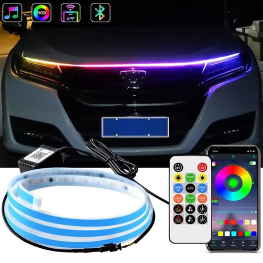 DRL Led Car Hood Light Strips Symphony Multicolors 108 LED APP Flexible Car Engine Cover Running Atmospere Light for SUV Ambient