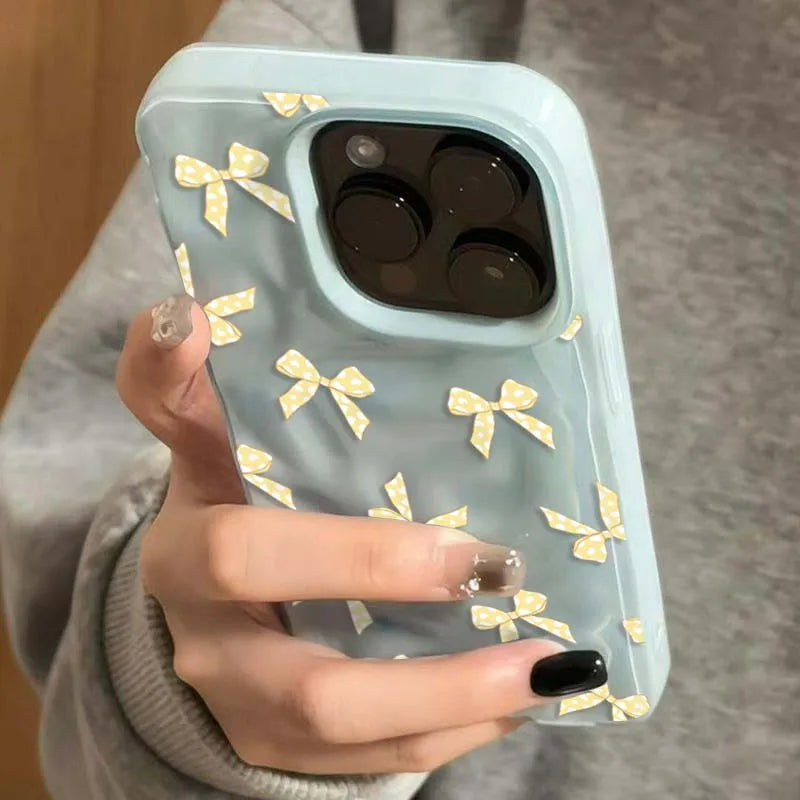 Sweet Yellow Bow Folds Texture Case For iPhone Case 16 15 14 13 12 11 Pro Max 16 Plus Shockproof Soft Phone Cover For iPhone11