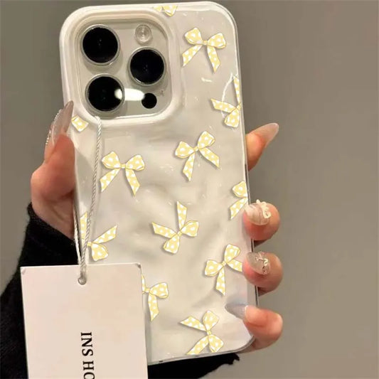 Sweet Yellow Bow Folds Texture Case For iPhone Case 16 15 14 13 12 11 Pro Max 16 Plus Shockproof Soft Phone Cover For iPhone11