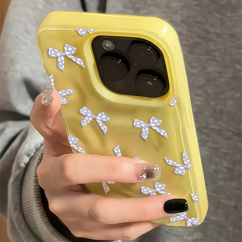 Sweet Yellow Bow Folds Texture Case For iPhone Case 16 15 14 13 12 11 Pro Max 16 Plus Shockproof Soft Phone Cover For iPhone11