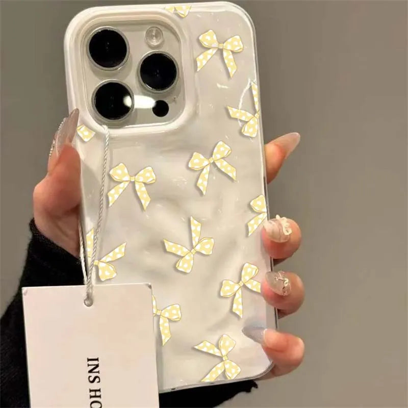 Sweet Yellow Bow Folds Texture Case For iPhone Case 16 15 14 13 12 11 Pro Max 16 Plus Shockproof Soft Phone Cover For iPhone11