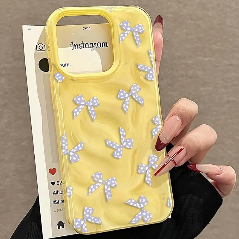 Sweet Yellow Bow Folds Texture Case For iPhone Case 16 15 14 13 12 11 Pro Max 16 Plus Shockproof Soft Phone Cover For iPhone11